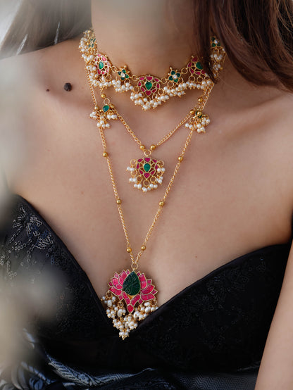Vaneeza Green-Ruby Red Kundan Multilayered Necklace