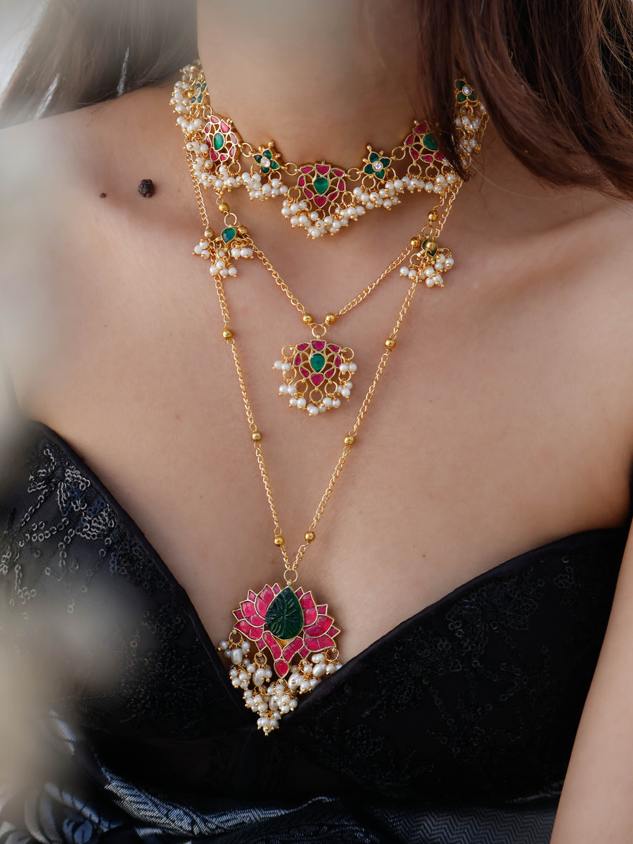 Vaneeza Green-Ruby Red Kundan Multilayered Necklace