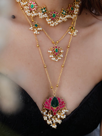 Vaneeza Green-Ruby Red Kundan Multilayered Necklace