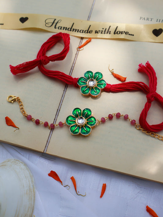 Rayan Green Floral Rakhi Lumba Set