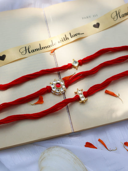 Arihan Red Kundan Rakhi - Set of 3