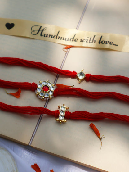 Arihan Red Kundan Rakhi - Set of 3