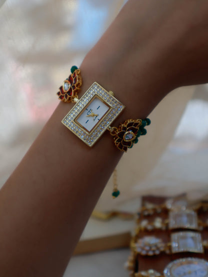 Fransisca Red-Green Lotus Kundan Wrist Watch