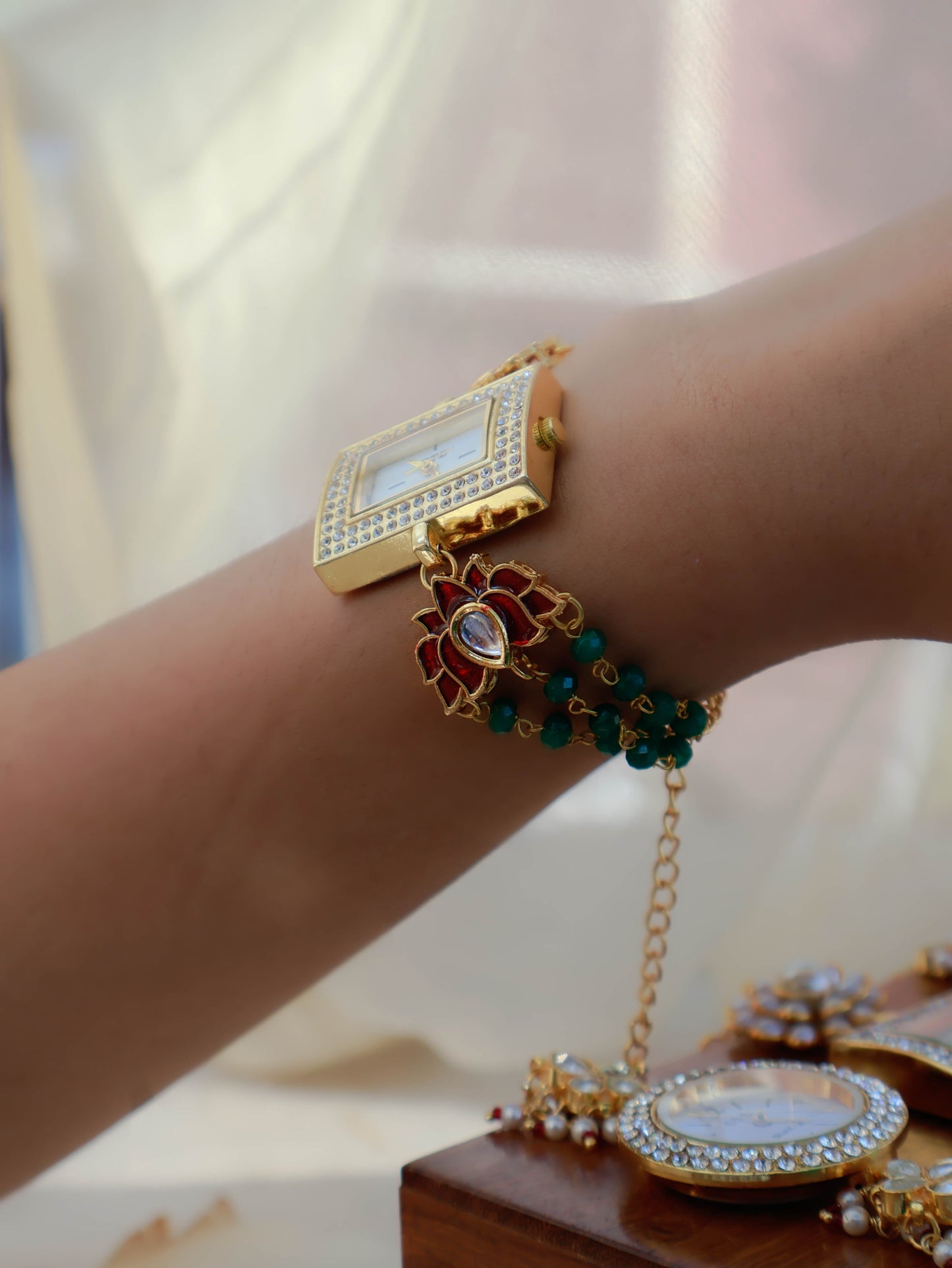 Fransisca Red-Green Lotus Kundan Wrist Watch