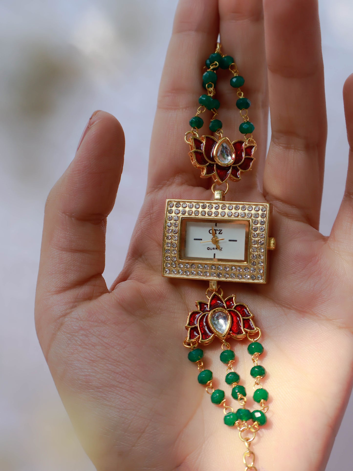 Fransisca Red-Green Lotus Kundan Wrist Watch