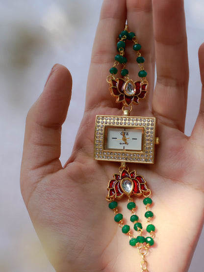 Fransisca Red-Green Lotus Kundan Wrist Watch