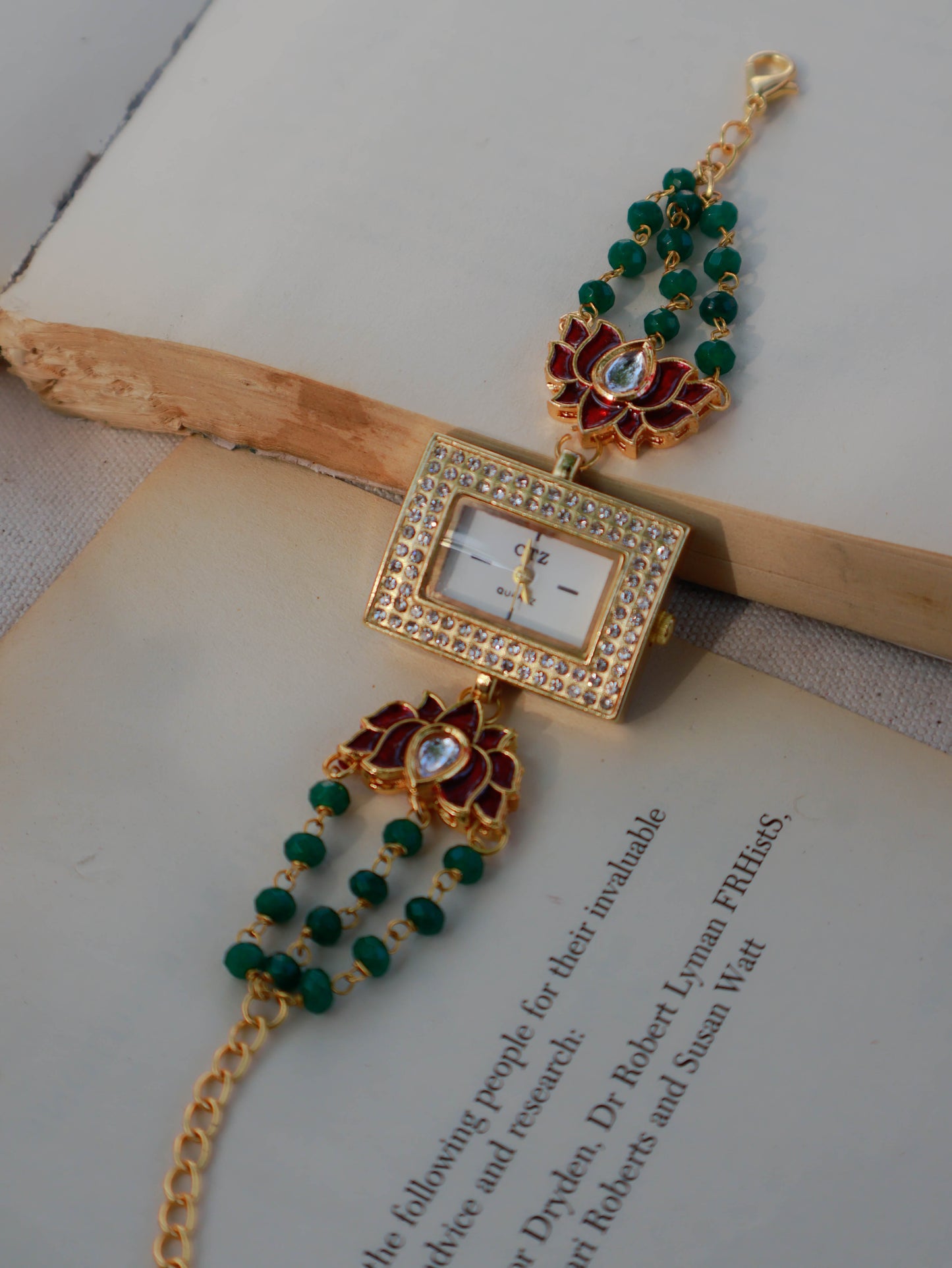 Fransisca Red-Green Lotus Kundan Wrist Watch