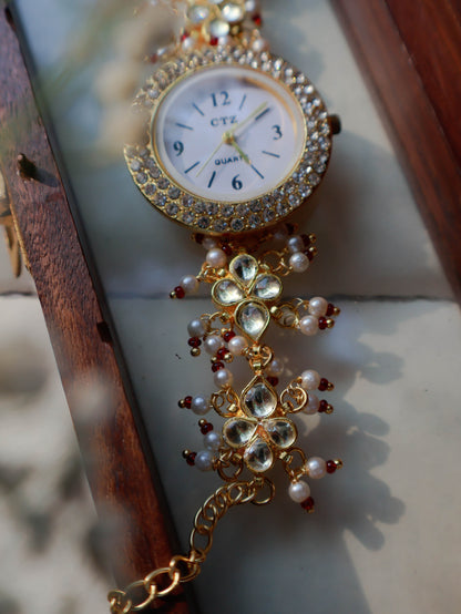 Sandra Kundan Red Wrist Watch