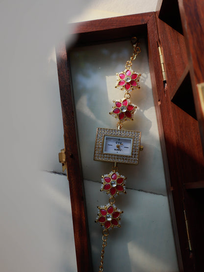 Atri Kundan Pink Floral Wrist Watch