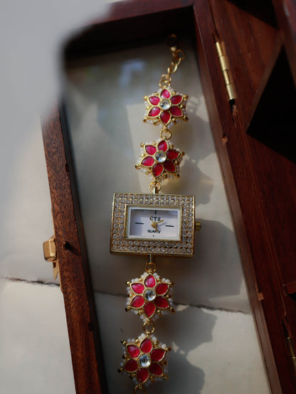 Atri Kundan Pink Floral Wrist Watch