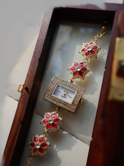 Atri Kundan Pink Floral Wrist Watch