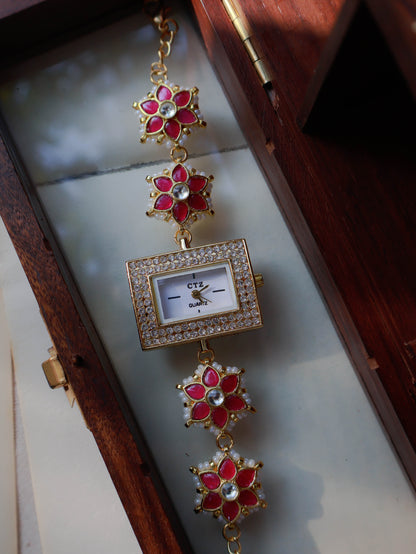 Atri Kundan Pink Floral Wrist Watch