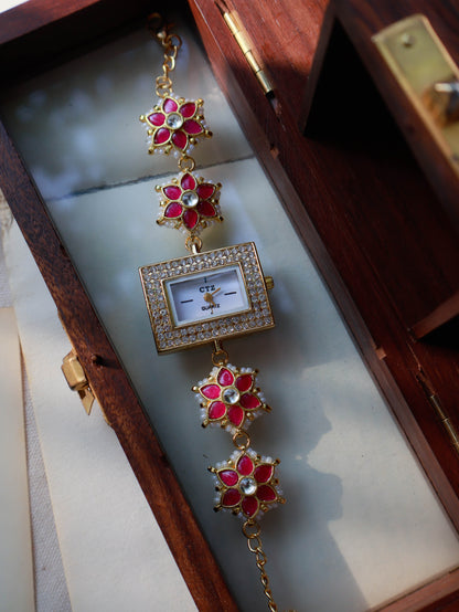 Atri Kundan Pink Floral Wrist Watch