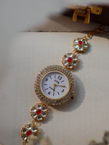 Iris Pink Kundan Floral Wrist Watch