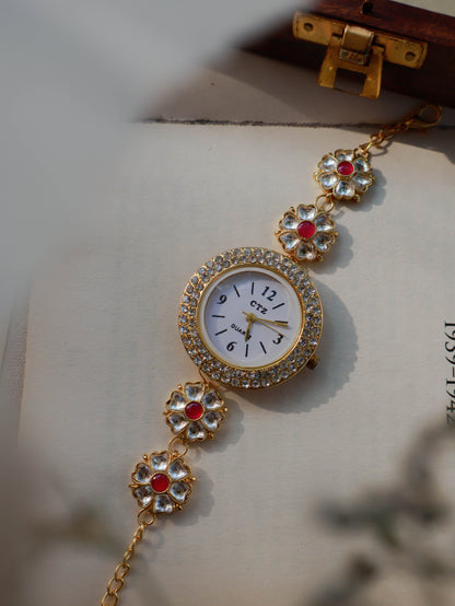 Iris Pink Kundan Floral Wrist Watch