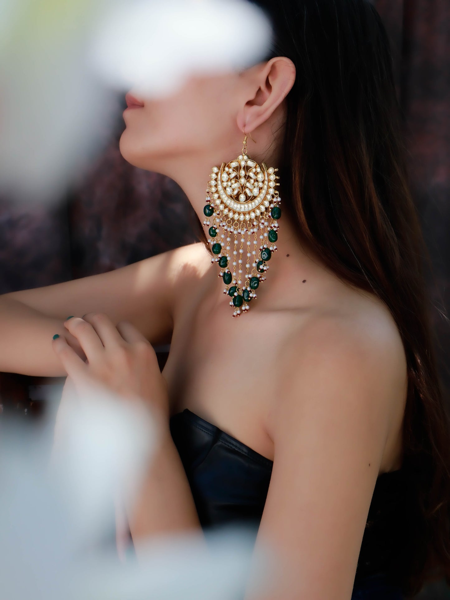 Jasum Green Kundan Chandbali Earrings