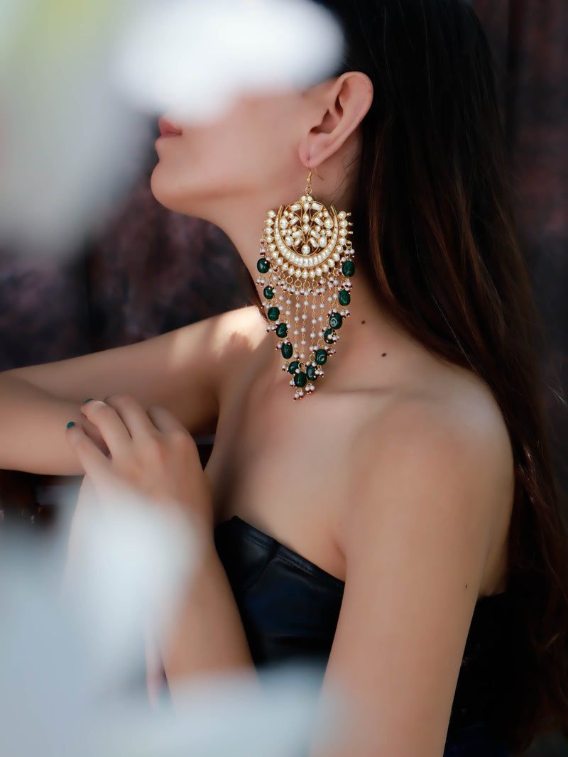 Jasum Green Kundan Chaandbaali Earrings