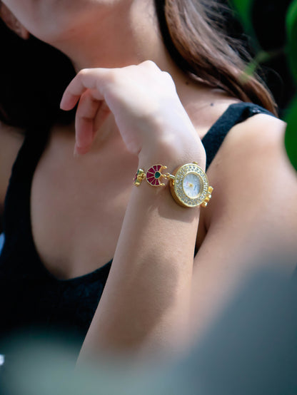 Welsa Red-Green Kundan Wrist Watch