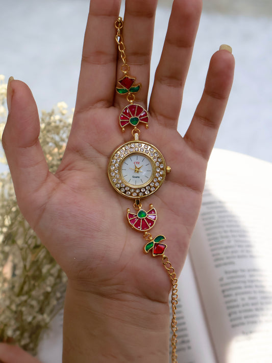 Welsa Red-Green Kundan Wrist Watch