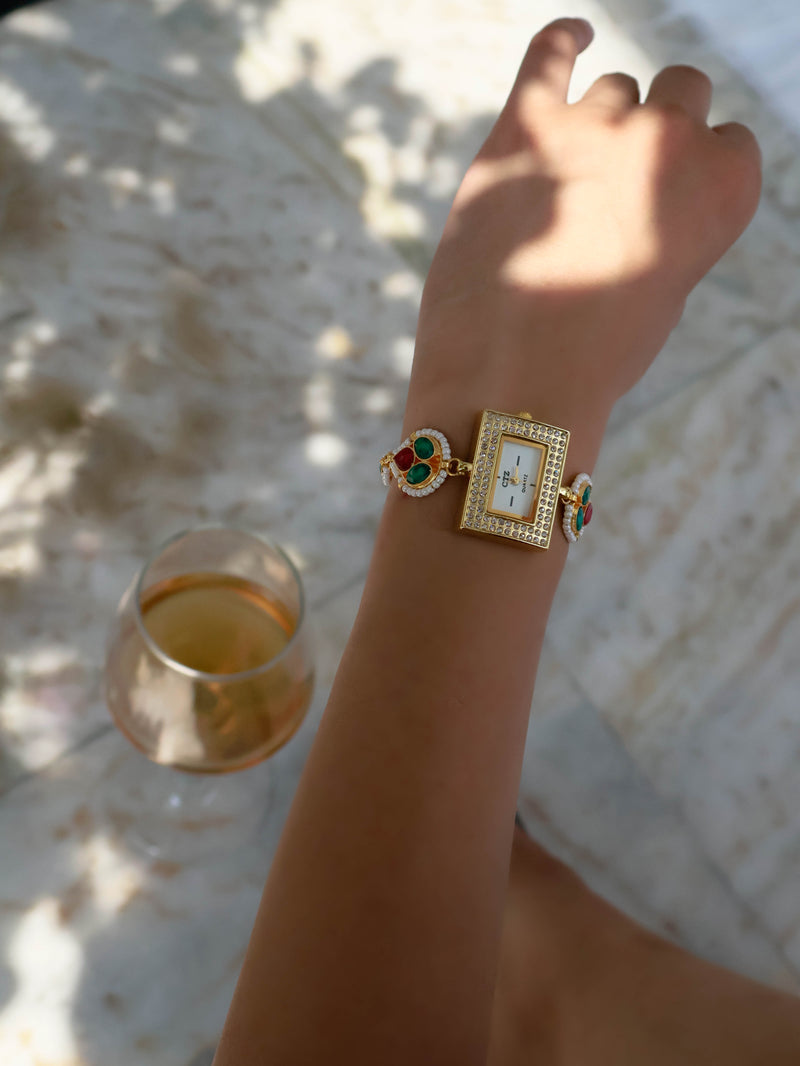 Haneen Red-Green Kundan Wrist Watch