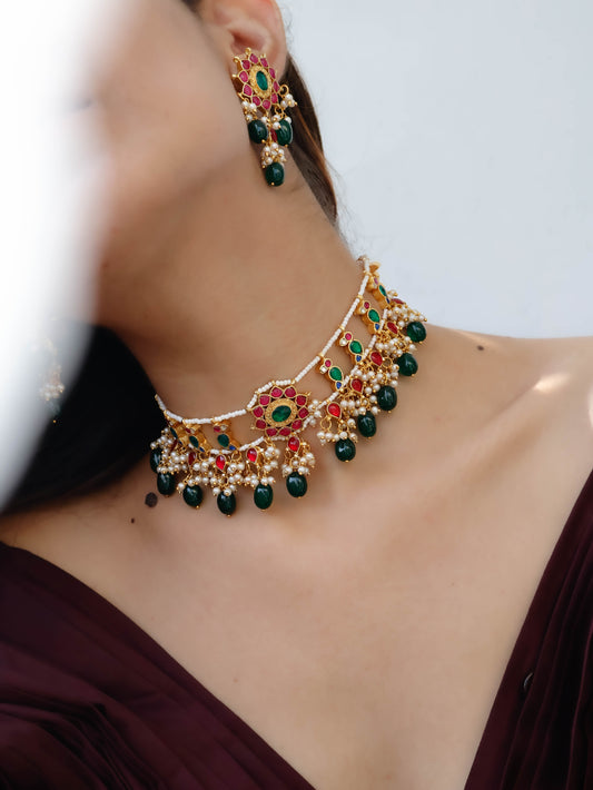 Alanna Red & Green Kundan Choker Necklace Set