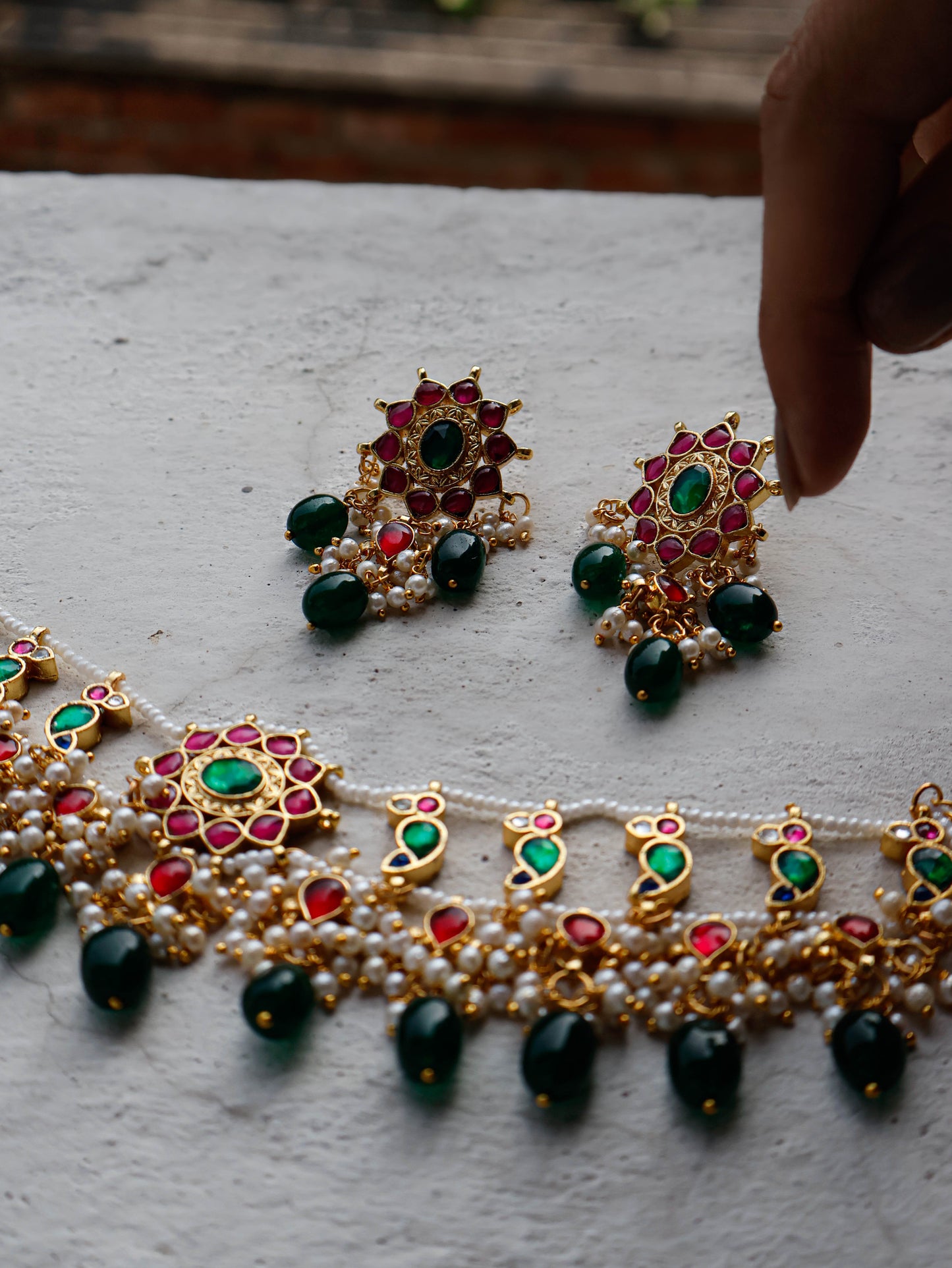 Alanna Red & Green Kundan Choker Necklace Set