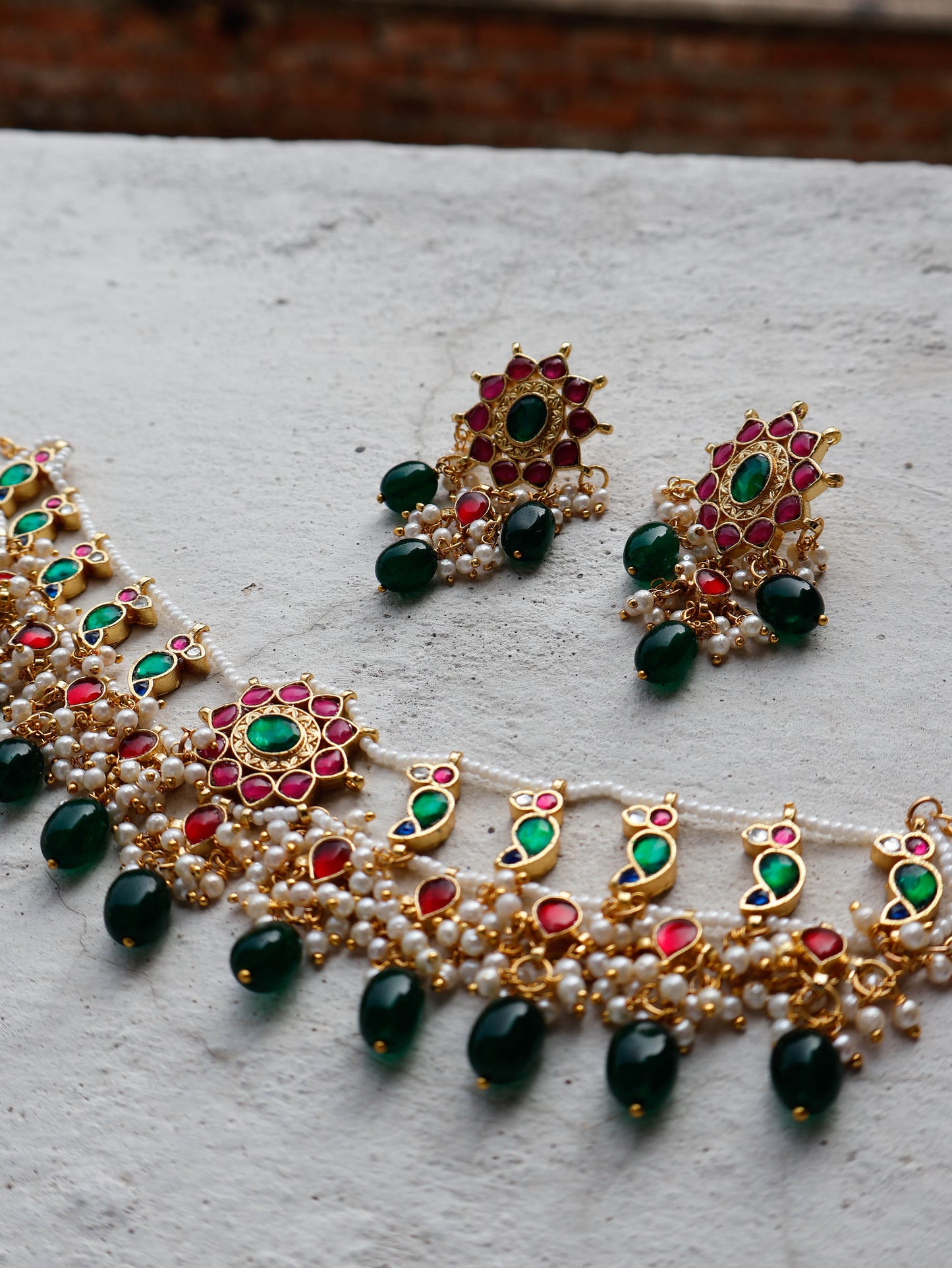 Alanna Red & Green Kundan Choker Necklace Set