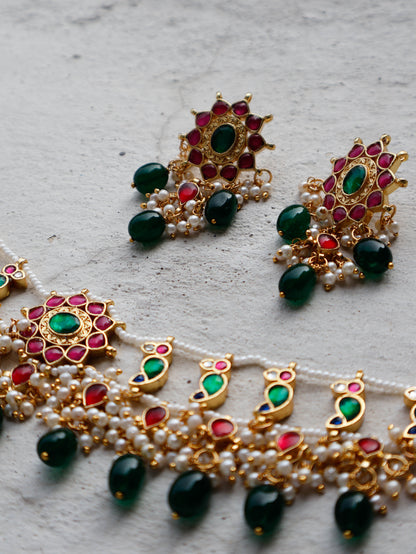 Alanna Red & Green Kundan Choker Necklace Set