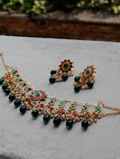 Alanna Red & Green Kundan Choker Necklace Set