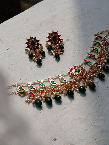 Alanna Red & Green Kundan Choker Necklace Set