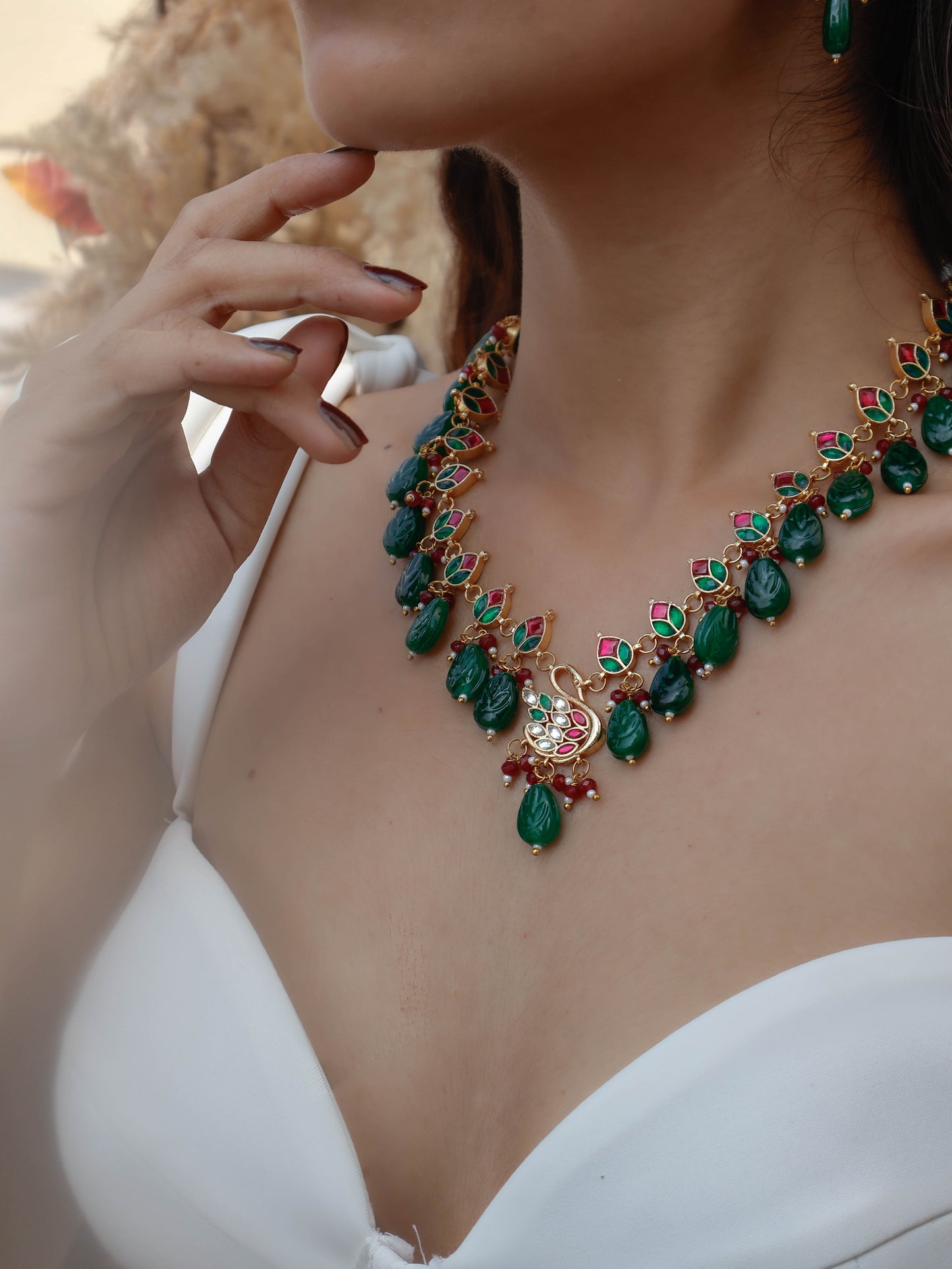 Swan Red-Green Kundan Necklace Set