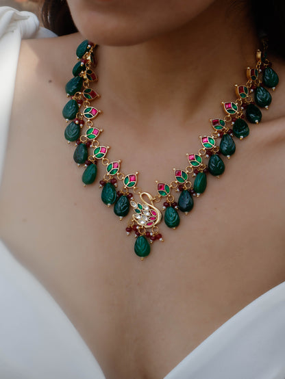 Swan Red-Green Kundan Necklace Set