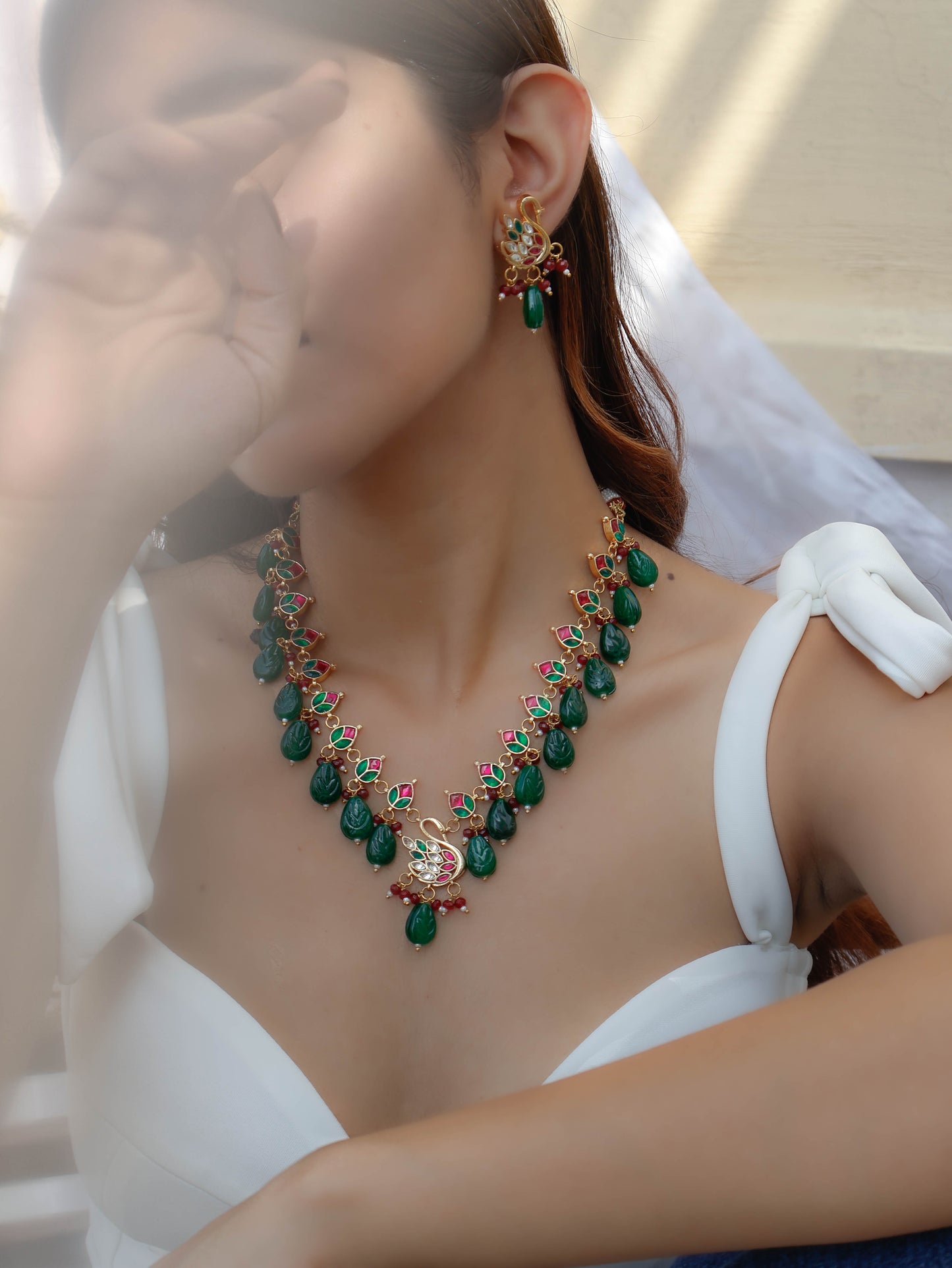 Swan Red-Green Kundan Necklace Set