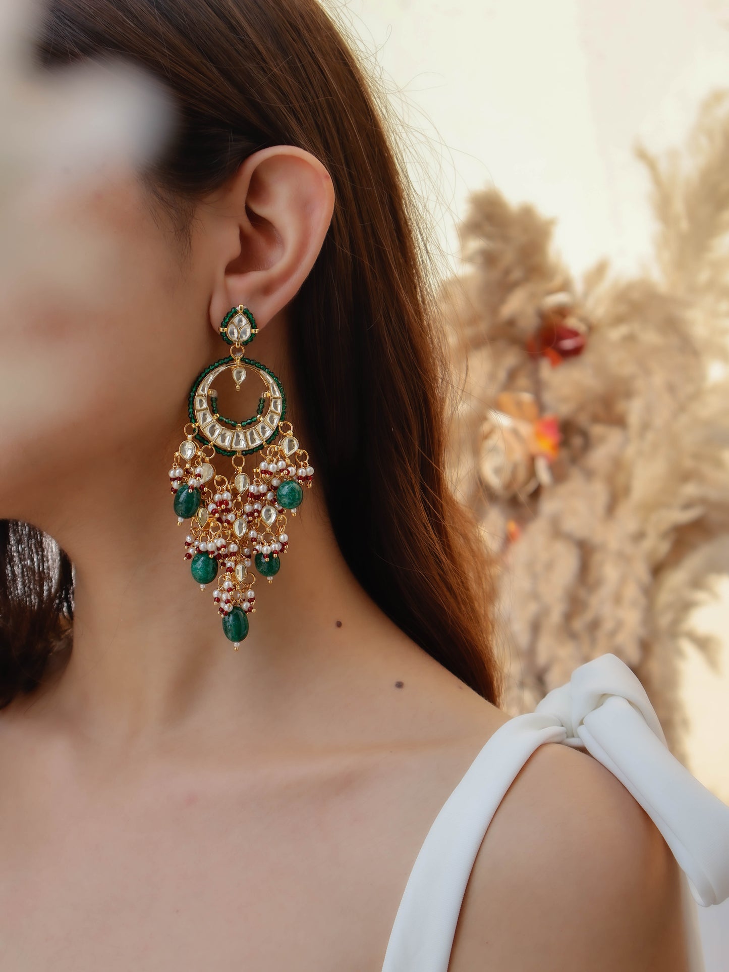 Vedika Green Kundan Chandbali Earrings