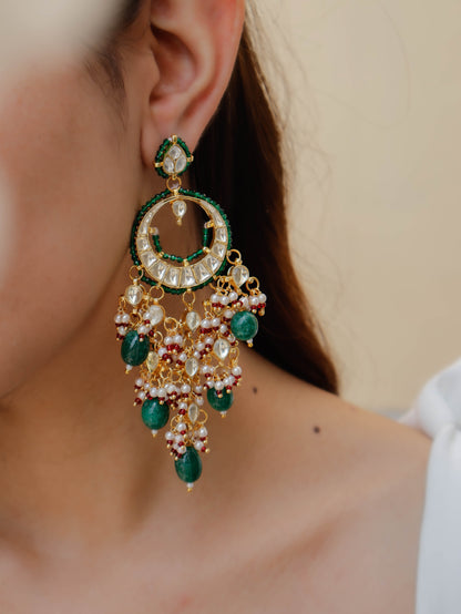 Vedika Green Kundan Chandbali Earrings