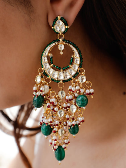 Vedika Green Kundan Chandbali Earrings