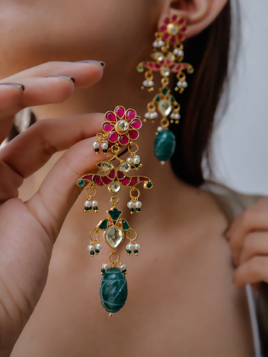 Manika Red- Green Kundan Earrings