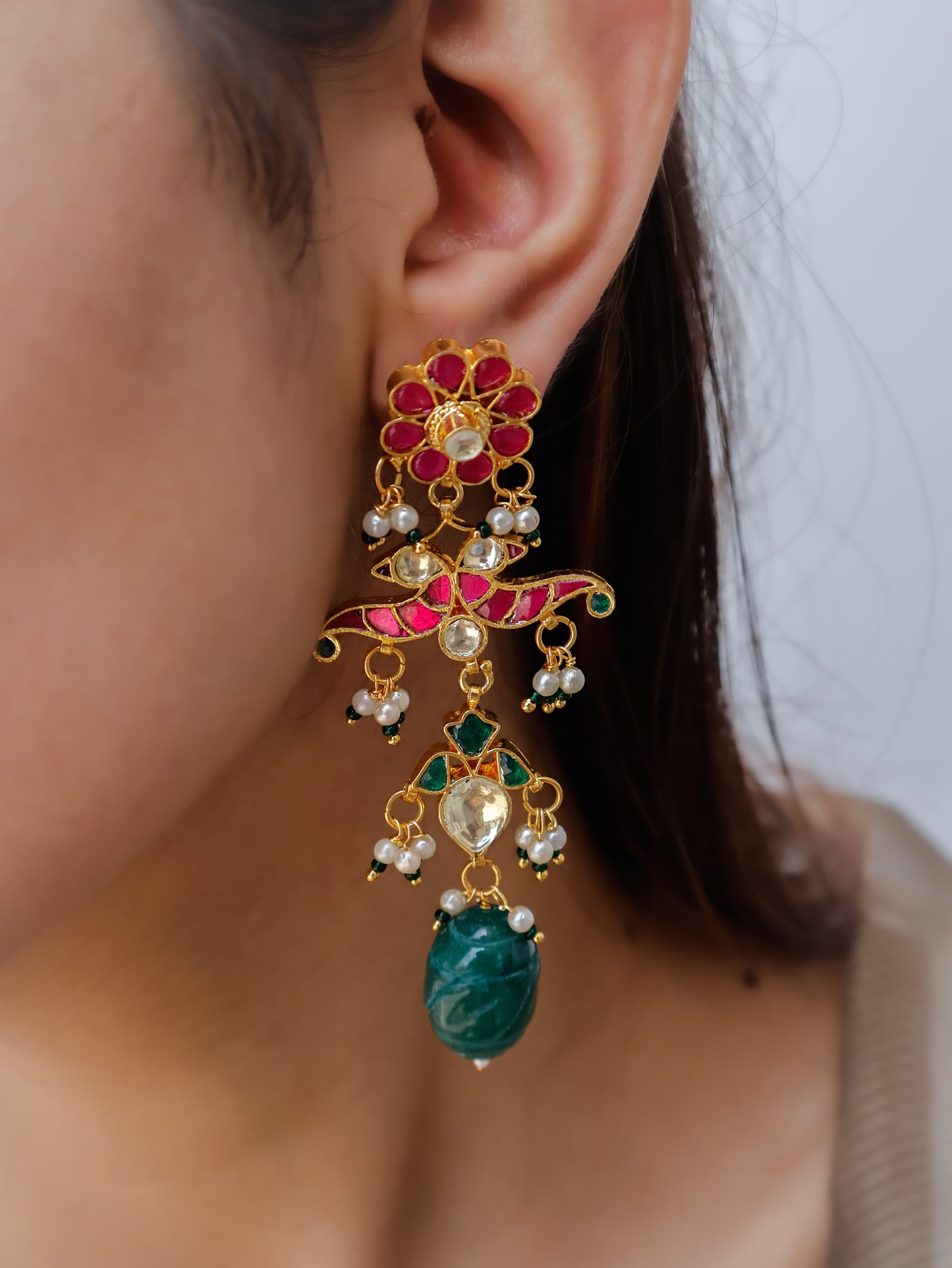 Manika Red- Green Kundan Earrings