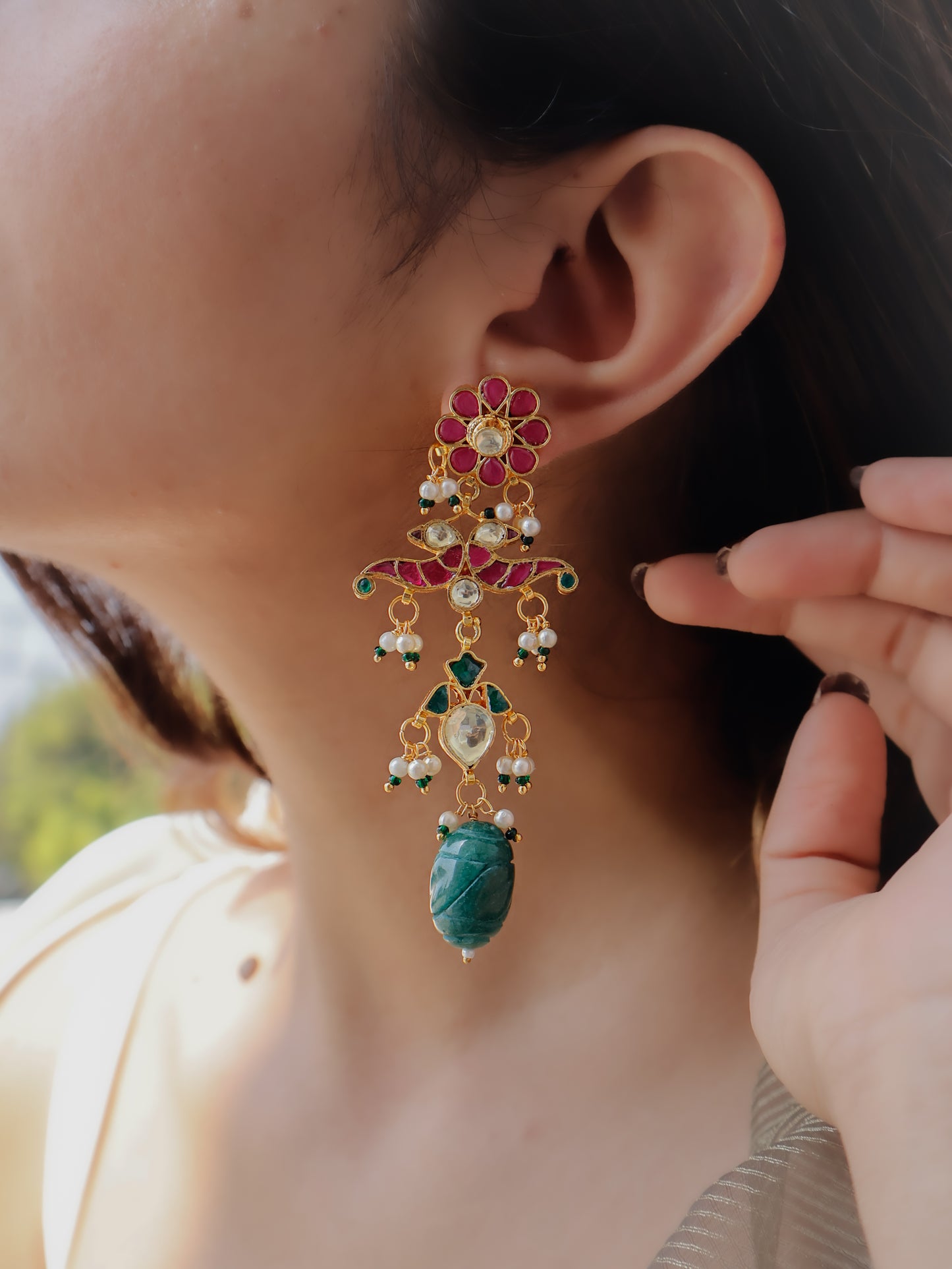 Manika Red- Green Kundan Earrings