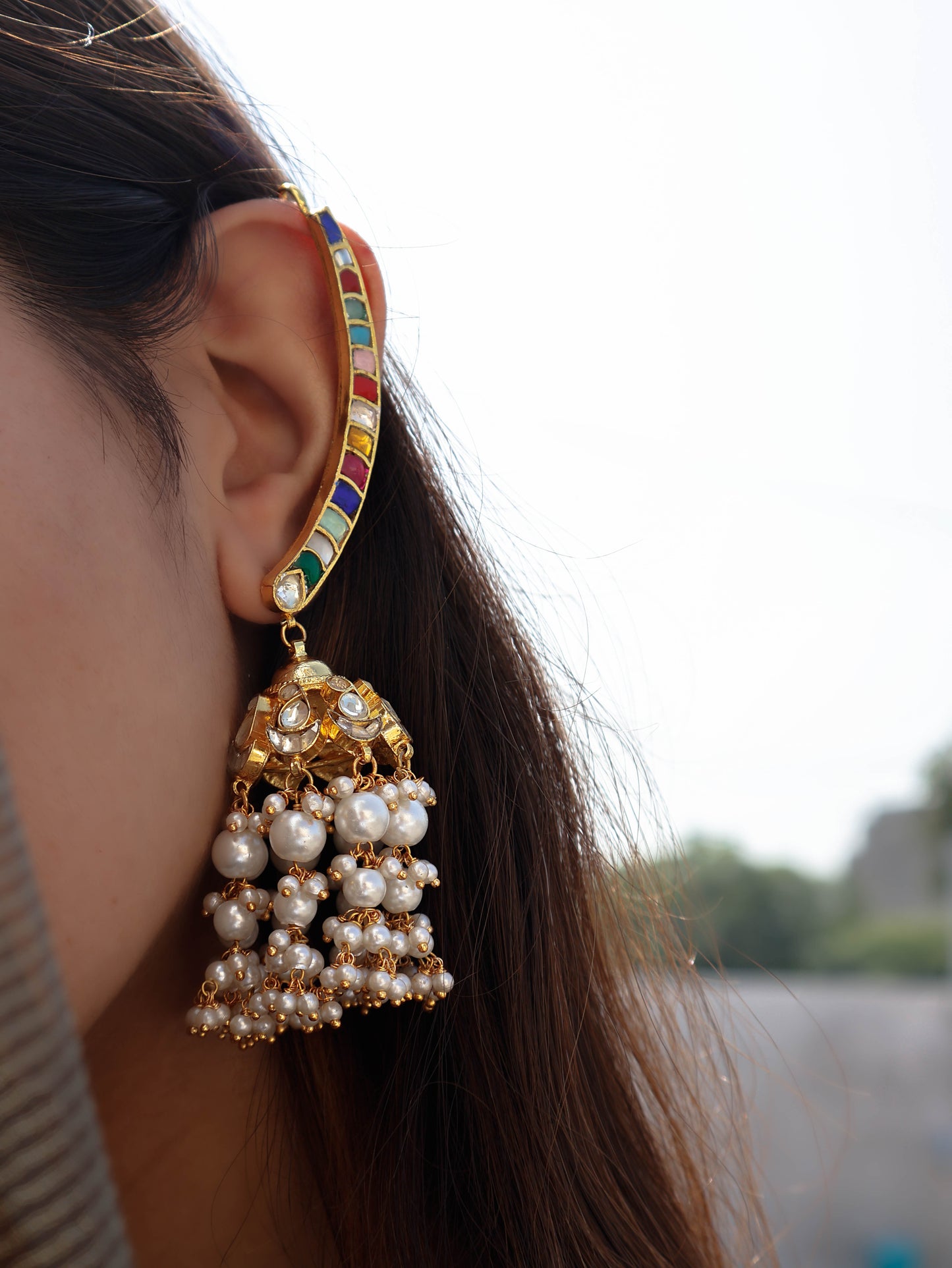 Jinka Multicolored Kundan Earcuff Jhumka Earrings