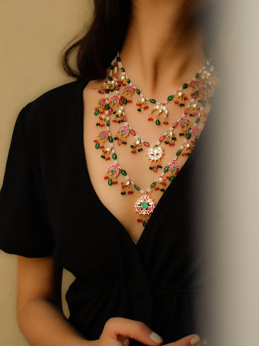 Kaylee Red & Green Multi-layered Kundan Necklace