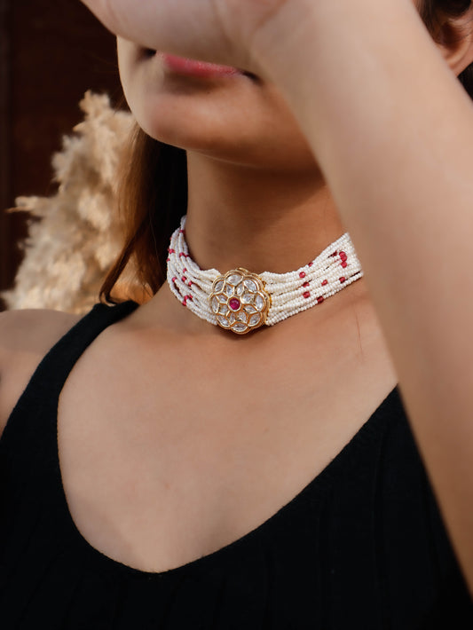 Riza Red Kundan Pearl Choker Necklace