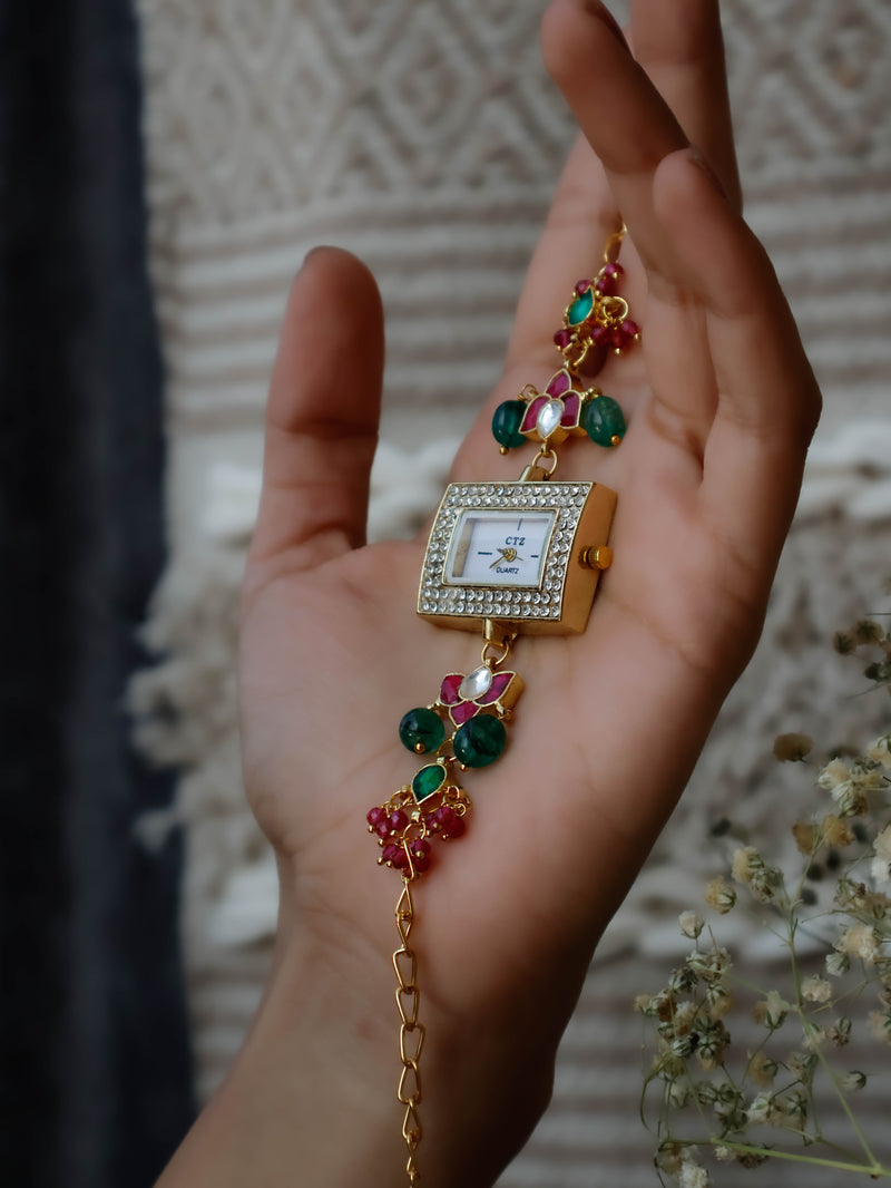 Savannah Red-Green Kundan Wrist Watch