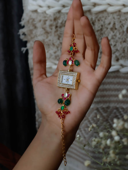 Savannah Red-Green Kundan Wrist Watch