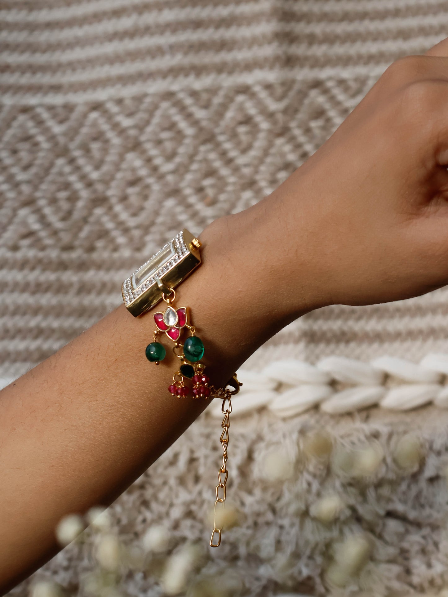 Savannah Red-Green Kundan Wrist Watch