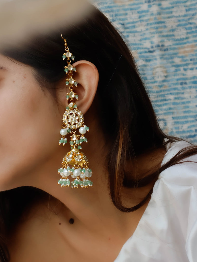 Keevah Mint-Green Kundan Chaandbaali Earrings