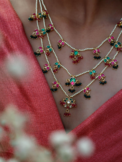 Shayra Red &Green Multi-layered Kundan Necklace