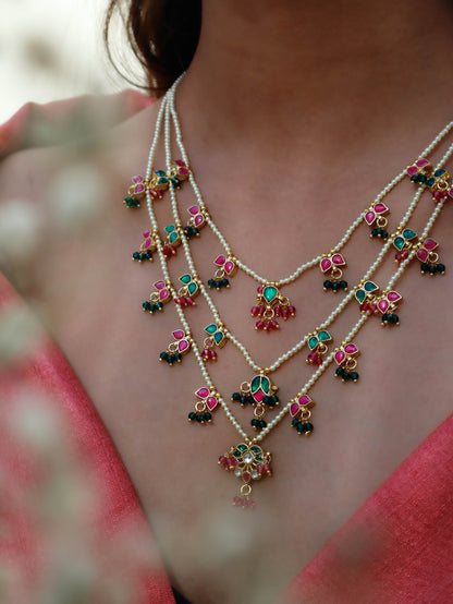 Shayra Red &Green Multi-layered Kundan Necklace