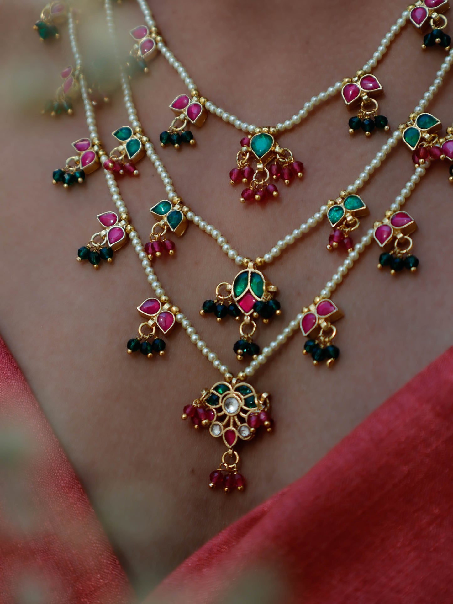 Shayra Red &Green Multi-layered Kundan Necklace