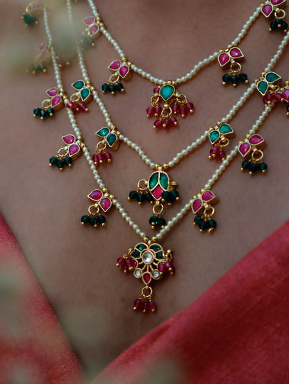 Shayra Red &Green Multi-layered Kundan Necklace